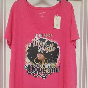 SHE GOT MAD HUSTLE AND A DOPE SOUL Graphic Print V-Neck T-Shirt Pink 3X
